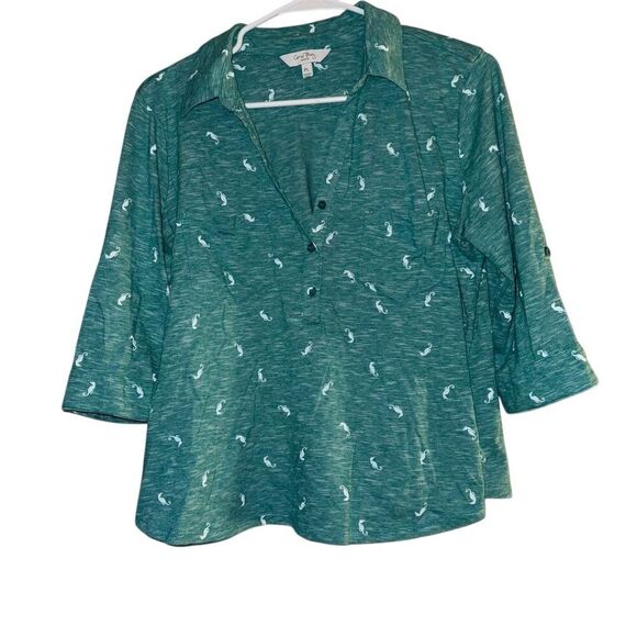 Coral Bay Petite Tops - Coral Bay Petite Women's L Green Seahorse Print V-Neck Blouse 3/4 Sleeve